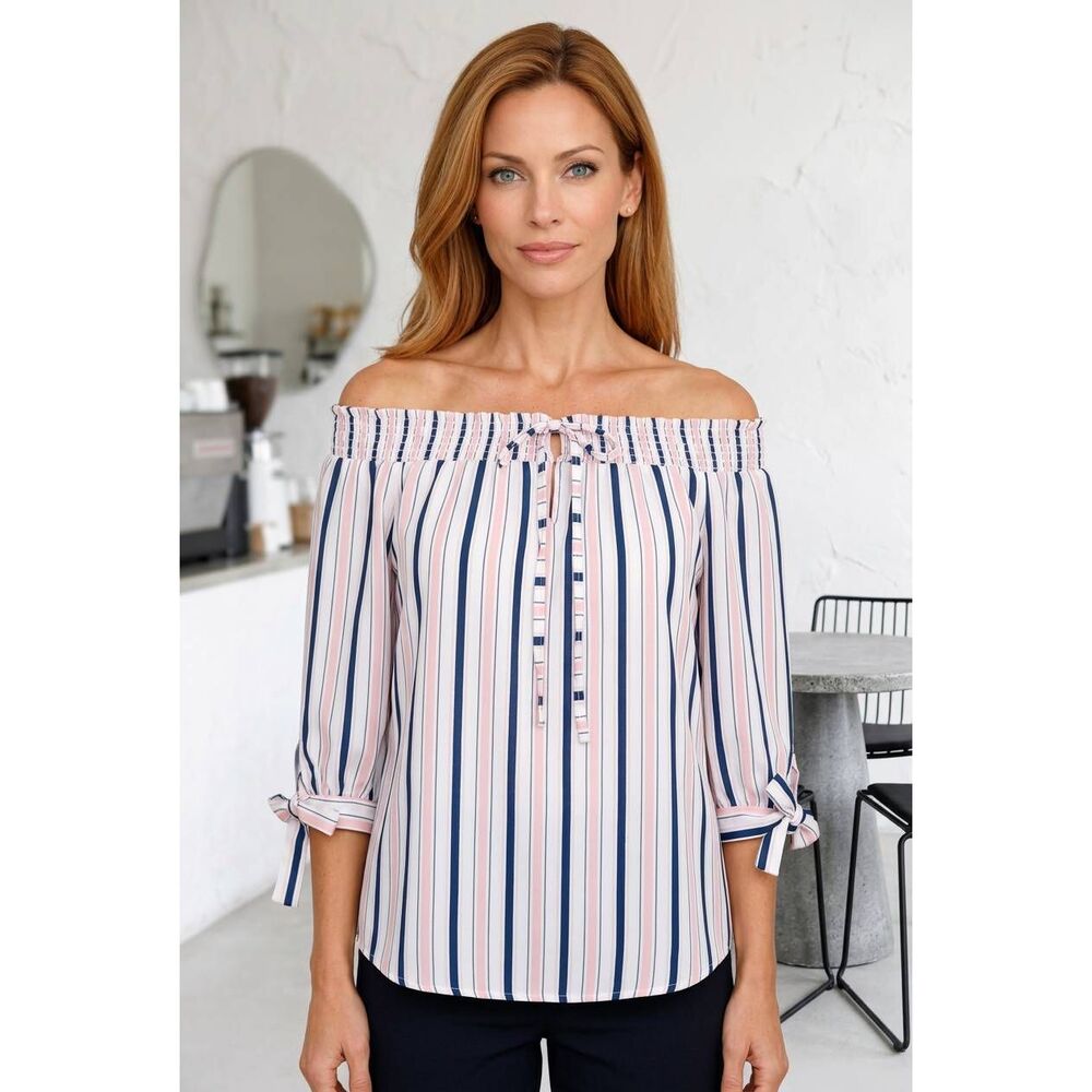 🔹️Ivory, Pink, & Blue Striped Off Shoulder w/Tied Cuffs Top Small